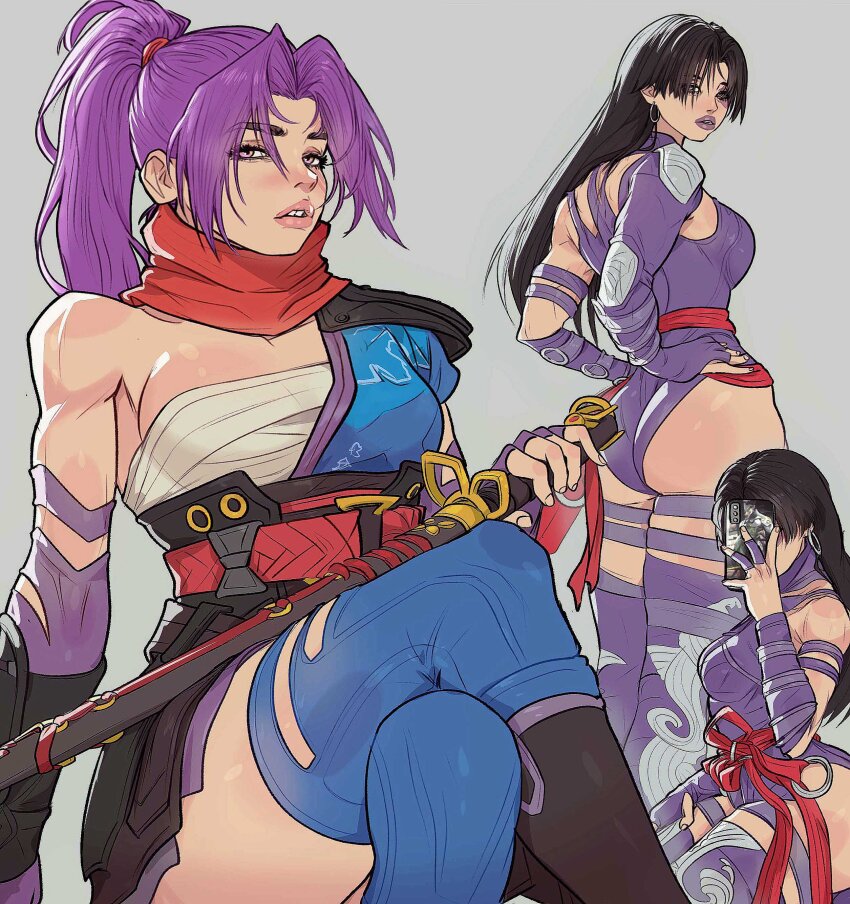 1girl absurdres ass black_hair blue_thighhighs boots brown_footwear cellphone chest_sarashi crossed_legs grey_background highres holding holding_phone katana leotard long_hair marvel marvel_rivals multiple_views official_alternate_costume official_alternate_hair_color phone pink_eyes ponytail psylocke psylocke_(marvel_rivals) psylocke_(sai) psylocke_(vengeance) purple_hair purple_leotard red_sash sarashi sash simple_background sitting smartphone sword thighhighs waist_sash weapon x-men yoracrab