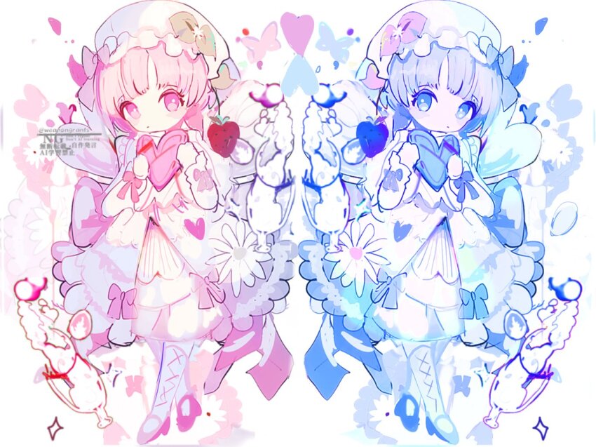 back_bow blue_bow blue_butterfly blue_dress blue_eyes blue_hair blue_ribbon blue_shoes bow bug butterfly colored_skin dress dress_bow falling_petals flower food frilled_dress frilled_skirt frilled_sleeves frills fruit glass hair_ornament hat heart holding holding_heart insect leaf_hair_ornament light_blush light_particles long_sleeves looking_at_another looking_at_viewer looking_to_the_side mob_cap original petals pink_bow pink_butterfly pink_dress pink_eyes pink_flower pink_hair pink_ribbon pink_shoes ribbon shoes short_hair signature skirt socks sparkle spilling standing standing_on_one_leg strawberry water weapongrants white_background white_dress white_socks