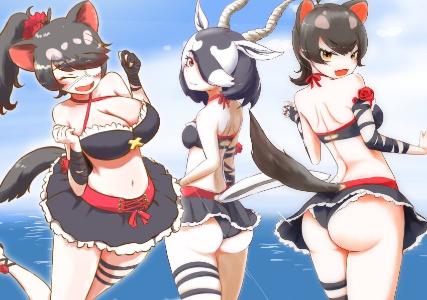 3girls animal_ears antelope_ears antelope_horns ass australian_devil_(kemono_friends) bare_shoulders batten_japari_dan bikini bikini_skirt black_bikini black_hair blackbuck_(kemono_friends) blush bow breasts brown_eyes cleavage extra_ears eyepatch fang gazelle_horns hair_over_one_eye highres hiroi_butani horns kemono_friends kemono_friends_3 large_breasts long_hair looking_at_viewer medical_eyepatch medium_breasts multicolored_hair multiple_girls navel open_mouth red_eyes short_hair smile swimsuit tasmanian_devil_(kemono_friends) tasmanian_devil_ears tasmanian_devil_tail two-tone_hair white_hair