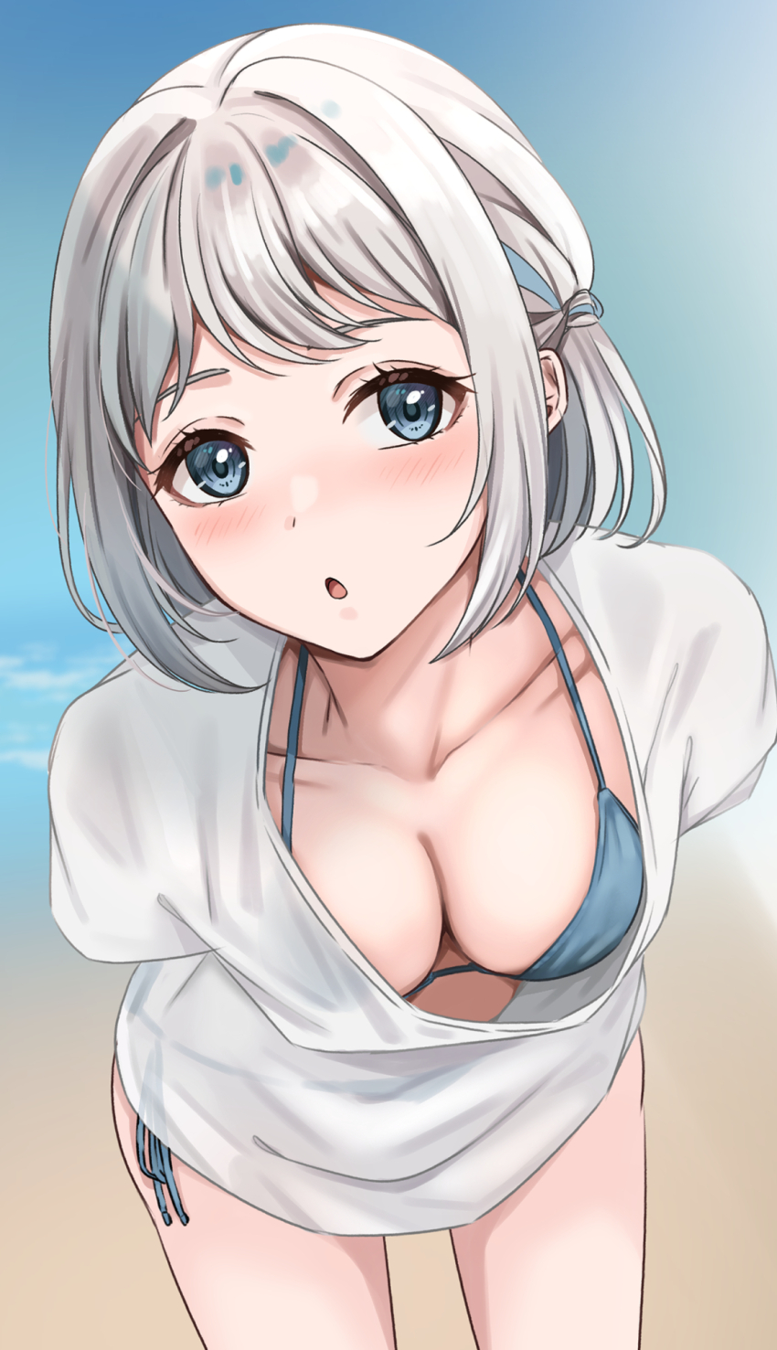 1girl :o arms_behind_back bikini bikini_under_clothes blue_bikini blue_ribbon blush braid collarbone downblouse gakuen_idolmaster grey_hair hair_ribbon half_up_braid halterneck highres idolmaster katsuragi_lilja leaning_forward looking_at_viewer outdoors ribbon ribbon_braid shirt short_hair side-tie_bikini_bottom side-tie_peek solo swimsuit t-shirt white_shirt yuzuyu_(hyui)