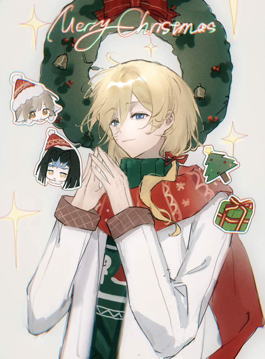 1girl 2boys ashura-ou bell black_hair blonde_hair blue_eyes brown_eyes brown_hair chii chinese_commentary chobits christmas_sweater christmas_wreath closed_mouth commentary_request crossover curtained_hair english_text fai_d._flowright film_grain fur-trimmed_headwear fur_trim green_sweater hair_ribbon hat highres jacket long_hair long_sleeves merry_christmas multiple_boys open_clothes open_jacket red_hat red_ribbon red_scarf ribbon scarf shuimian_feixing smile sparkle steepled_fingers sweater tsubasa_chronicle upper_body variant_set white_jacket wreath yellow_eyes
