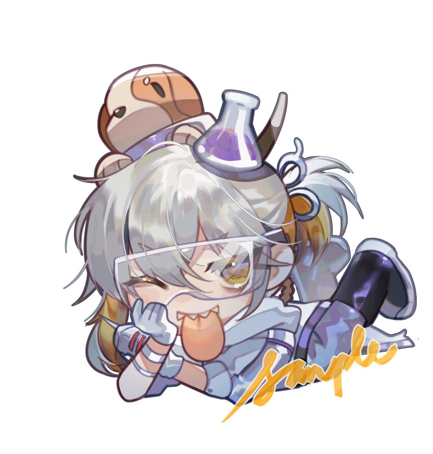 1other ;p absurdres animal animal_on_head beagle black_boots boots brown_hair chibi coat colored_tips dog erlenmeyer_flask flask full_body gloves goggles grey_pants hand_on_own_cheek hand_on_own_face highres legs_up lying medicine_pocket multicolored_hair on_head on_stomach one_eye_closed pants ponytail reverse:1999 sample_watermark sharp_teeth shei00 short_ponytail solo teeth the_pose tongue tongue_out watermark white_background white_coat white_gloves white_hair yellow_eyes