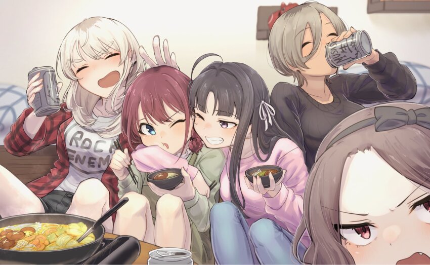 ! 5girls ahoge alcohol arm_around_neck asahi_breweries awa_subaru ayataka_syumimi beer_can black_bow black_hair black_hairband black_shorts black_sweater blue_eyes blue_pants bow bowl brand_name_imitation breasts brown_hair can cheek_press closed_eyes commentary_request drink_can drinking earclip ebizuka_tomo fang girls_band_cry green_sweater grey_hair hair_between_eyes hair_bow hair_ribbon hairband highres holding holding_bowl holding_can indoors iseri_nina jacket kawaragi_momoka long_hair long_hair_between_eyes medium_breasts multicolored_hair multiple_girls mushroom one_eye_closed open_clothes open_jacket open_mouth pants parted_bangs pink_sweater purple_eyes red_eyes red_jacket ribbon roots_(hair) rupa_(girls_band_cry) shirt short_hair shorts sweater togenashi_togeari white_ribbon white_shirt