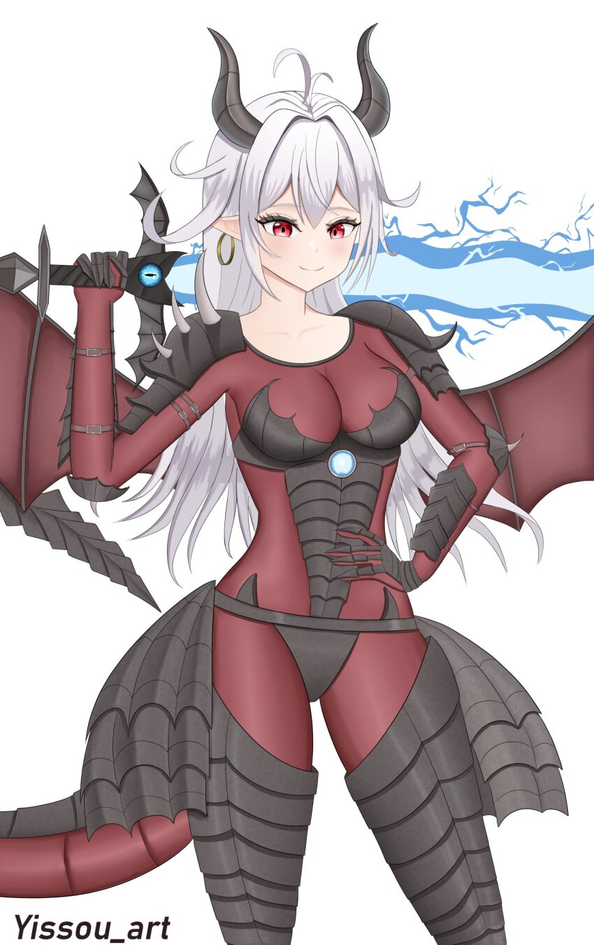 1girl armor armored_boots black_armor black_scales blush boots breastplate breasts dragon_girl dragon_horns dragon_tail dragon_wings electricity faulds gauntlets highres holding holding_sword holding_weapon horns knight long_hair looking_at_viewer monster_girl original pauldrons pointy_ears red_eyes scales shoulder_armor slit_pupils smile solo sword tail twitter_username vambraces weapon white_background wings yissou_art