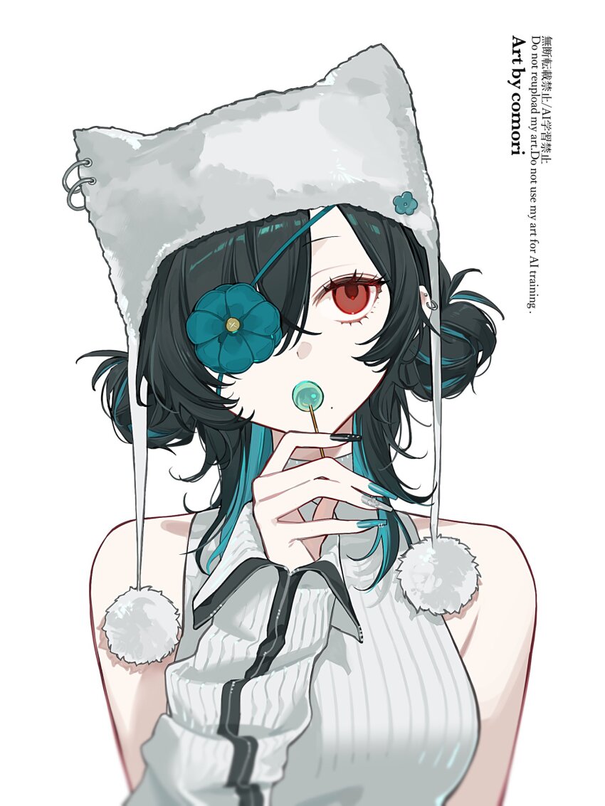 1girl animal_hat bare_shoulders black_hat black_nails breasts candy cat_hat commentary commission comori fingernails food green_hair green_nails grey_nails hair_over_one_eye hat highres holding holding_candy holding_food holding_lollipop large_breasts lollipop long_fingernails long_hair mole mole_under_eye multicolored_hair multicolored_nails nail_polish original parted_bangs red_eyes ribbed_sweater simple_background skeb_commission sleeveless sleeveless_sweater solo sweater turtleneck turtleneck_sweater two-tone_hair upper_body white_background white_hat white_sweater