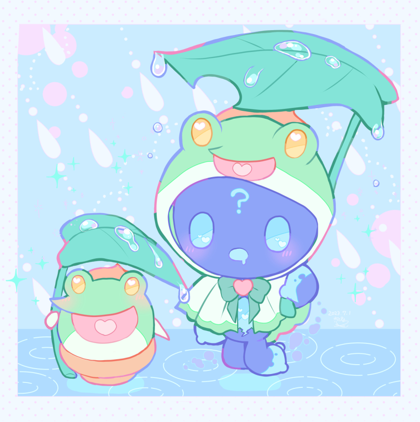 1boy ? animal_hood blue_background border bow bowtie capelet chibi chibi_only cosplay donguri_gaeru donguri_gaeru_(cosplay) ecolo_(puyopuyo) facial_mark forehead_mark frog frog_hood green_bow green_bowtie green_capelet green_hood heart heart_in_mouth highres holding holding_umbrella hood hood_up leaf_umbrella looking_at_another male_focus monster_boy open_mouth outdoors puddle puyopuyo puyopuyo_20th_anniversary puyopuyo_7 puyopuyo_fever puyopuyo_quest rain ripples shinonome_pinano side-by-side solid_oval_eyes standing umbrella water_drop white_border