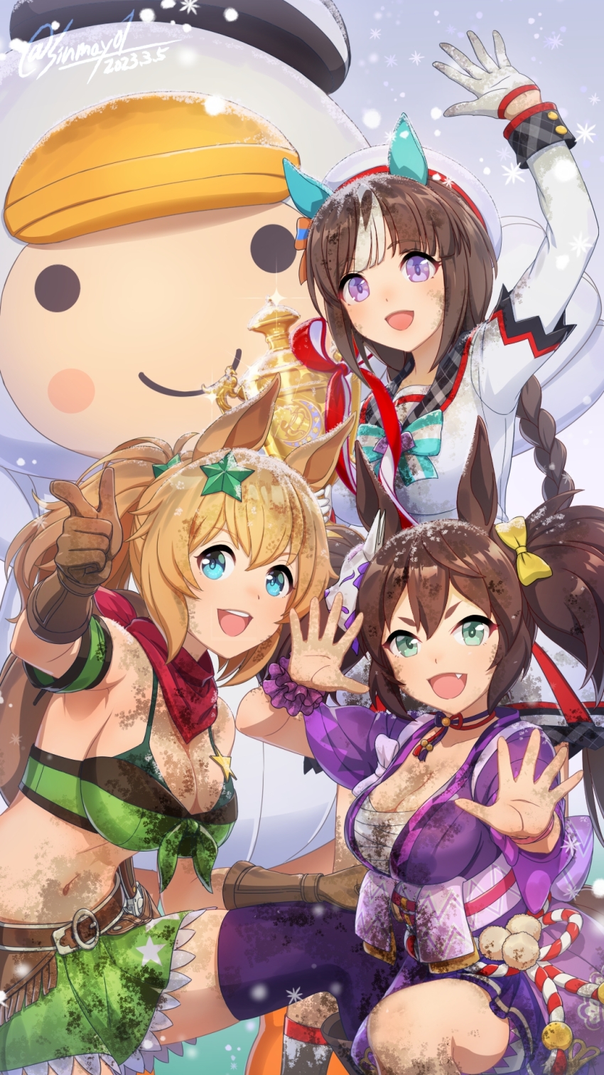 3girls artist_name blonde_hair blue_eyes bow bra brown_hair candy candy_cane dated food gloves green_bra green_skirt hair_bow highres hokko_tarumae_(umamusume) inari_one_(umamusume) jacket japanese_clothes kimono long_sleeves multiple_girls navel pointing purple_kimono purple_thighhighs shinmai_(kyata) skirt smile snowflakes snowing snowman star_(symbol) taiki_shuttle_(umamusume) thighhighs tomachop twintails twitter_username umamusume underwear waving white_gloves white_headwear white_jacket yellow_bow