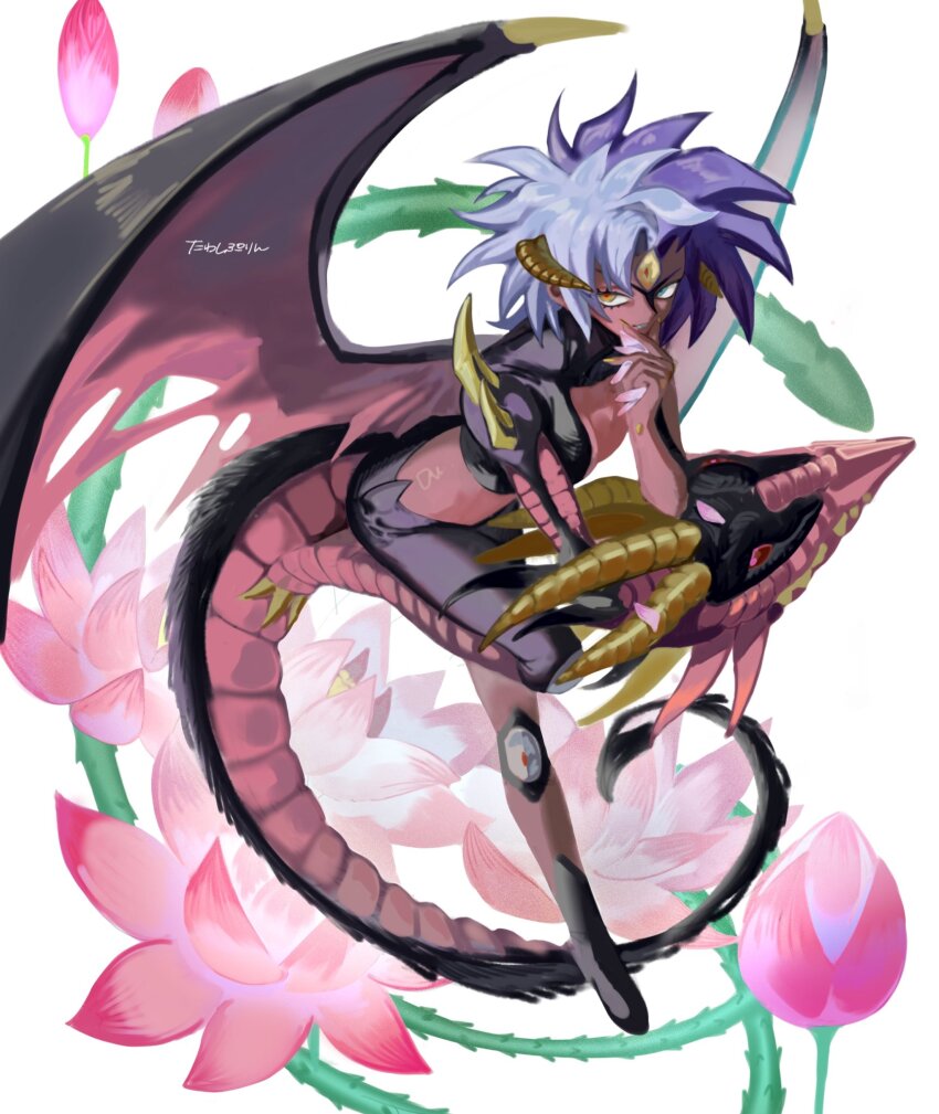 blue_hair demon_girl demon_horns demon_wings dragon_girl dragon_horns dragon_tail dragon_wings duel_monster extra_eyes flower highres horns monster_girl multicolored_hair plant tail tawashipurin third_eye vines white_hair wings yu-gi-oh! yu-gi-oh!_gx yubel yubel_-_the_loving_defender_forever