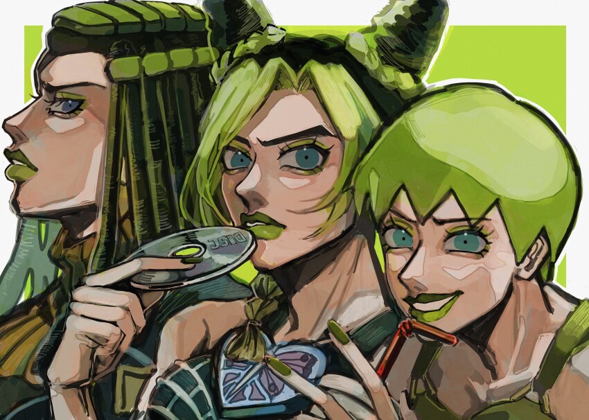 3girls bad_id bad_pixiv_id black_hair blue_eyes clenched_teeth cone_hair_bun double_bun ermes_costello foo_fighters_(jojo) green_eyes green_hair green_lips hair_bun highres jojo_no_kimyou_na_bouken kuujou_jolyne lipstick makeup multicolored_hair multiple_girls natchan_blue_(nanairopenki) smile stone_ocean teeth two-tone_hair vinyl_record