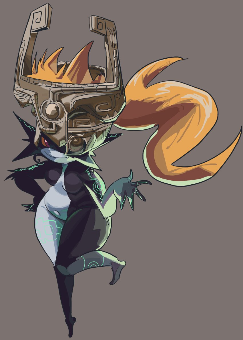 1girl absurdres africanmegaman black_skin colored_skin commentary floating full_body grey_background helmet highres imp long_hair looking_at_viewer midna multicolored_skin nintendo one_eye_covered ponytail red_eyes red_hair simple_background smug solo the_legend_of_zelda the_legend_of_zelda:_twilight_princess two-tone_skin white_skin