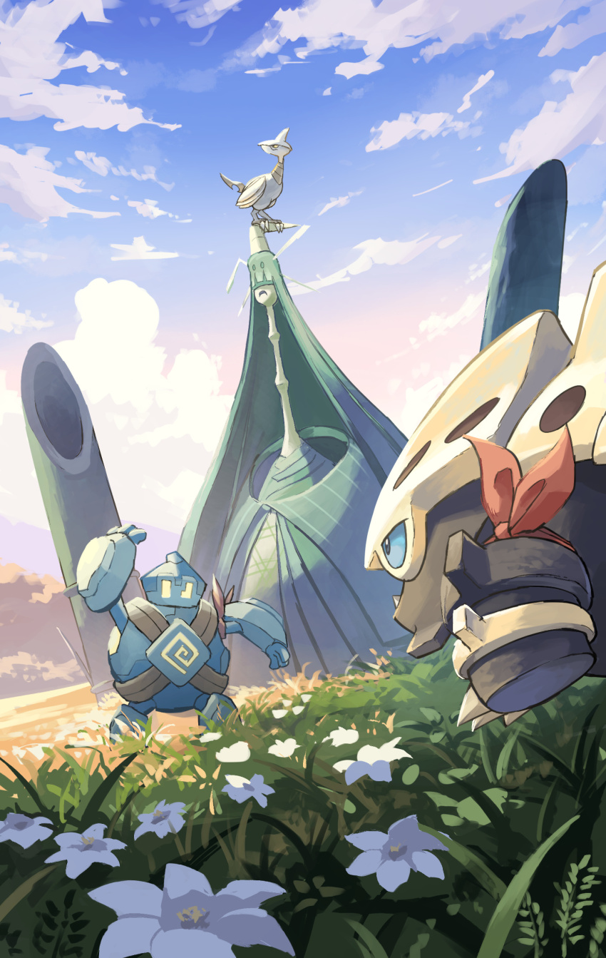 absurdly_long_hair animal animal_on_head aqua_hair arm_up armband bamboo bird bird_on_head blue_eyes blue_sclera blue_sky blunt_bangs celesteela claws cloud colored_sclera fang flower frown gen_2_pokemon gen_3_pokemon gen_5_pokemon gen_7_pokemon golem golurk grass hair_ornament hair_over_eyes hair_stick highres horns lairon long_hair long_neck looking_to_the_side nintendo no_humans on_head open_mouth perching pokemon pokemon_(creature) pokemon_focus pokemon_on_head red_armband single_horn skarmory skin_fang sky solid_eyes talons ultra_beast very_long_hair white_flower yamaori_(hakkentai_pokedan) yellow_eyes yellow_sclera