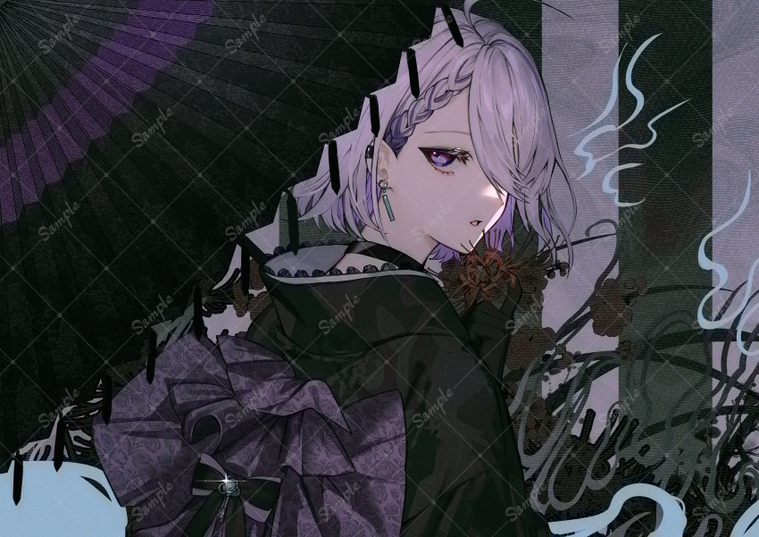1girl albino_(a1b1n0623) back_bow black_choker black_gloves black_kimono bow choker commentary_request earrings flower from_behind glint gloves hair_over_one_eye hand_fan highres holding holding_fan indie_virtual_youtuber japanese_clothes jewelry key kimono looking_at_viewer looking_back oil-paper_umbrella parted_lips purple_bow purple_hair sakuya_tobari short_hair solo spider_lily umbrella upper_body