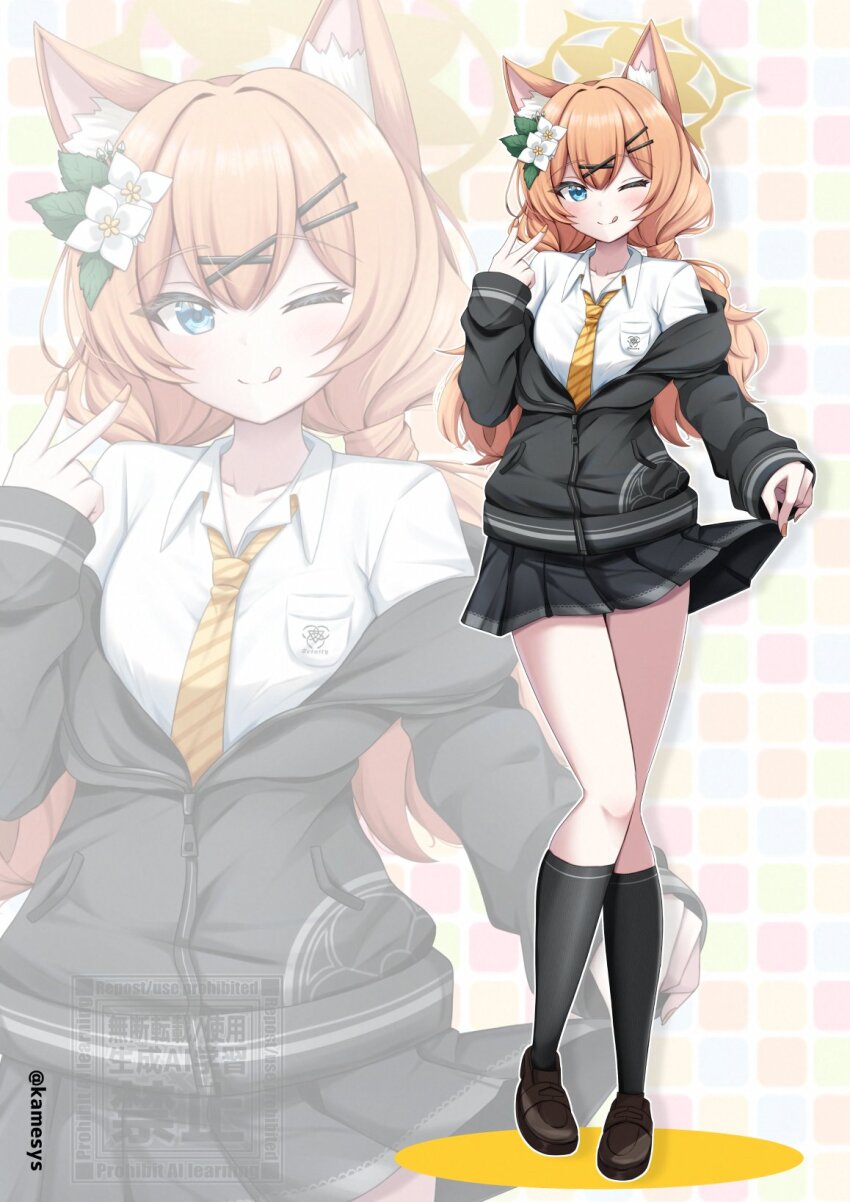 animal_ears black_socks blue_archive blue_eyes cat_ears clothes_lift collarbone flower hair_flower hair_ornament hairclip highres kamesys long_hair mari_(blue_archive) nail_polish necktie orange_hair parallel_hairclips partially_unbuttoned pleated_skirt school_uniform skirt skirt_lift socks twintails unbuttoned unbuttoned_shirt yellow_necktie zoom_layer