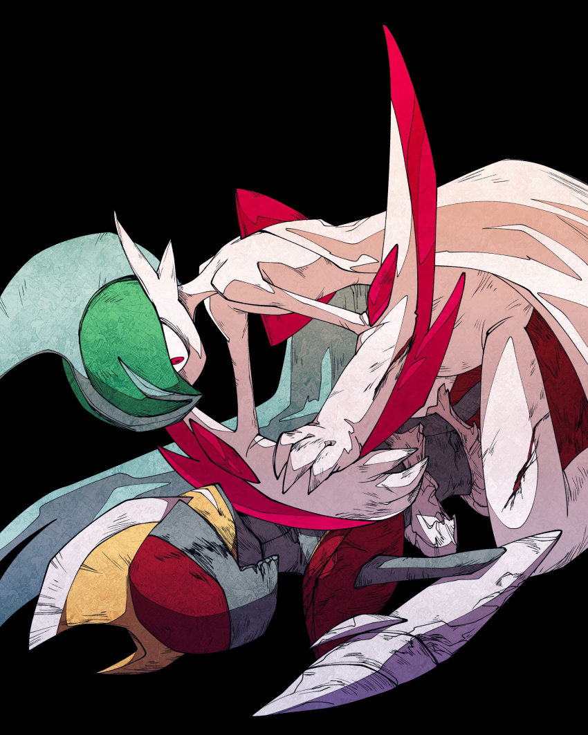 2others absurdres after_battle arm_blade armor battle battle_damage bisharp black_background blade_to_throat broken broken_armor broken_weapon cloak cracked_armor cracked_helmet cracked_skin defeat facing_another gallade gen_4_pokemon gen_5_pokemon green_hair green_helmet grey_helmet grin hand_on_own_arm helmet highres injury kneeling looking_at_another looking_down lying mega_gallade mega_pokemon mohawk multiple_others nintendo on_back outstretched_arm pointy_ears pokemon pokemon_(creature) red_hair red_helmet scar shattered shoulder_pads smile umi-be-to weapon white_cloak