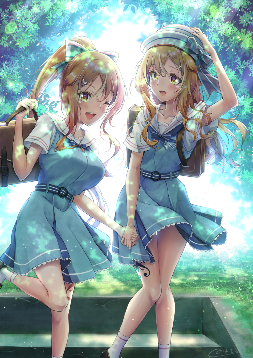 1boy 1girl :d ;d bag belt blonde_hair blue_belt blue_bow blue_dress bow breasts brother_and_sister crossdressing dress hair_bow hair_ornament hairclip hand_on_headwear hat hat_bow heart heart_hair_ornament highres holding_hands jewelry large_breasts leg_tattoo long_hair looking_at_viewer natsusora_aona natsusora_wakana novady one_eye_closed open_mouth original outdoors ponytail ring sailor_collar school_bag school_uniform short_sleeves siblings smile stairs standing standing_on_one_leg tattoo trap tree twins white_headwear white_sailor_collar wind yellow_eyes