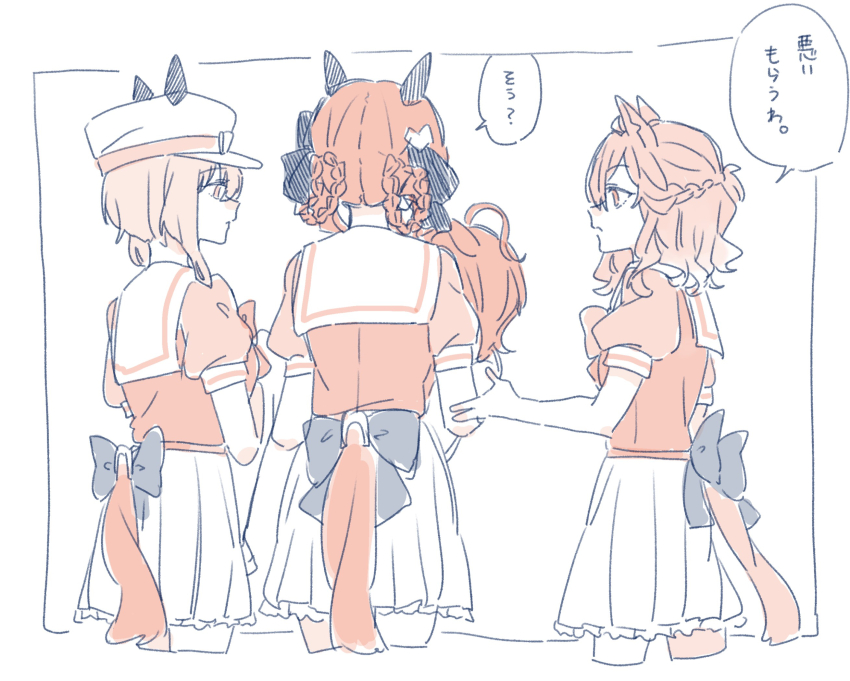 4girls agnes_tachyon_(umamusume) animal_ears bow braid brown_theme cheval_grand_(umamusume) ears_through_headwear gentildonna_(umamusume) hair_between_eyes hair_rings hat highres horse_ears horse_girl horse_tail jungle_pocket_(umamusume) monochrome multiple_girls peaked_cap pleated_skirt puffy_short_sleeves puffy_sleeves school_uniform seila_rei shirt short_sleeves skirt tail tracen_school_uniform translation_request twin_braids umamusume white_background