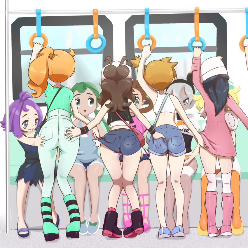 acerola_(pokemon) armpits ass ass_grab asymmetrical_hair back bea_(pokemon) bianca_(pokemon) blue_hair breasts brown_hair dawn_(pokemon) denim denim_shorts green_hair gym_leader hat highres hilda_(pokemon) holding legs looking_at_another mallow_(pokemon) microsd_(pibo) misty_(pokemon) mud multiple_girls navel nintendo open_mouth orange_hair panties pants pokemon pokemon_bw pokemon_dppt pokemon_lgpe pokemon_platinum pokemon_sm pokemon_swsh pokemon_xy ponytail sandals shauna_(pokemon) shirt short_hair short_shorts shorts side_ponytail slippers sonia_(pokemon) train_interior underwear vehicle_interior white_shirt