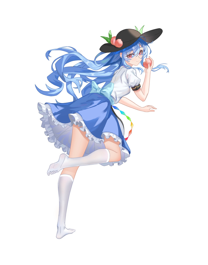 1girl absurdres apron back_bow black_hat blue_bow blue_hair blue_sash blue_skirt bow chinese_commentary commentary_request eating food food_bite foot_up from_behind fruit full_body hand_up hat highres hinanawi_tenshi holding holding_food holding_fruit light_blush looking_back peach peach_hat_ornament petticoat puffy_short_sleeves puffy_sleeves red_eyes sash shirt short_sleeves simple_background skirt smile soles solo thighhighs touhou user_wxvm2552 white_apron white_background white_shirt white_thighhighs