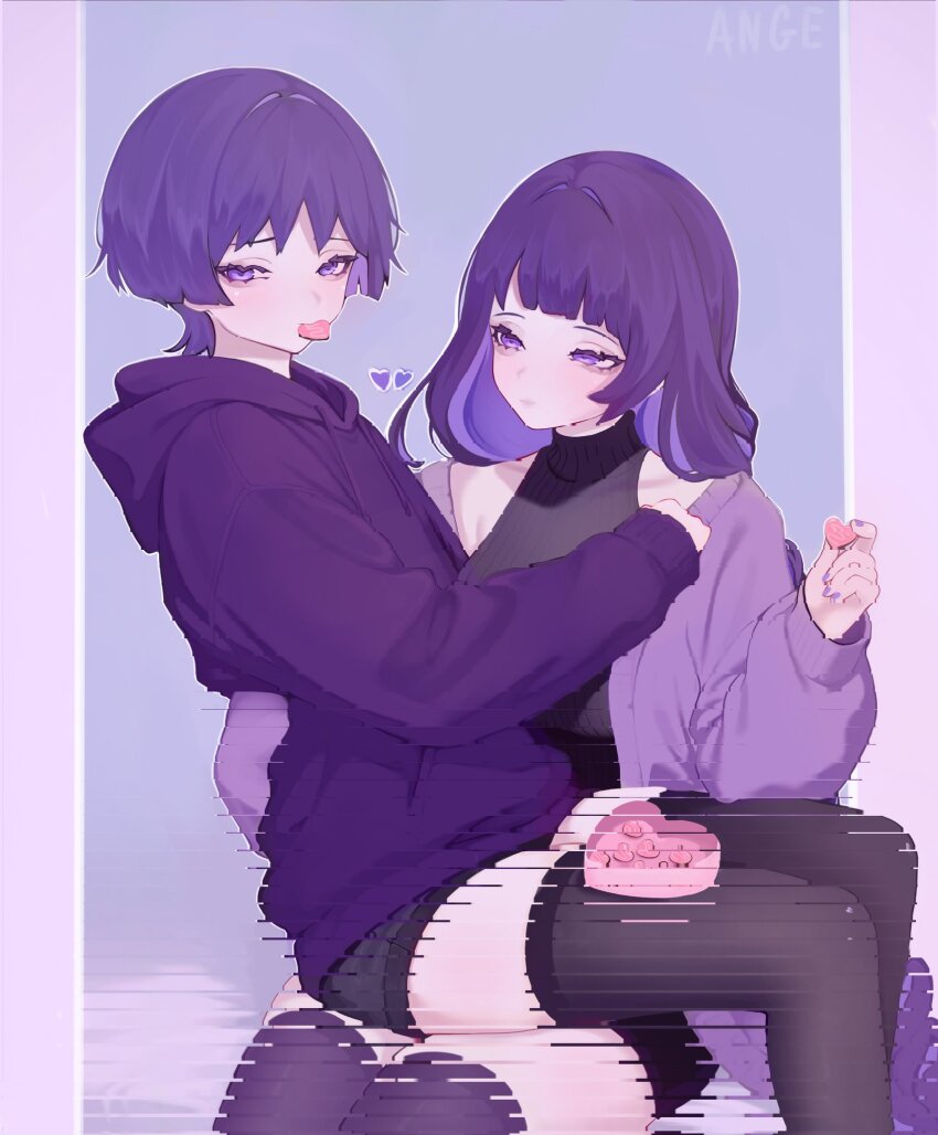 1boy 1girl alternate_costume androgynous ange510763 artist_name bags_under_eyes black_thighhighs blue_background blunt_ends border box cardigan casual clenched_hand closed_mouth colored_inner_hair contemporary covered_collarbone drawstring eyelashes food_in_mouth genshin_impact hair_intakes heart heart-shaped_box highres hood hood_down hoodie long_hair long_sleeves looking_at_another low-braided_long_hair low-tied_long_hair mother_and_son multicolored_hair pink_border purple_cardigan purple_eyes purple_hair purple_hood purple_hoodie purple_nails purple_sleeves purple_theme purple_thighhighs raiden_shogun ribbed_cardigan ribbed_sleeves ribbed_sweater scaramouche_(genshin_impact) shoulder_peek sitting sitting_on_lap sitting_on_person sleeveless sleeveless_sweater smile sweater thighhighs tsurime very_long_hair