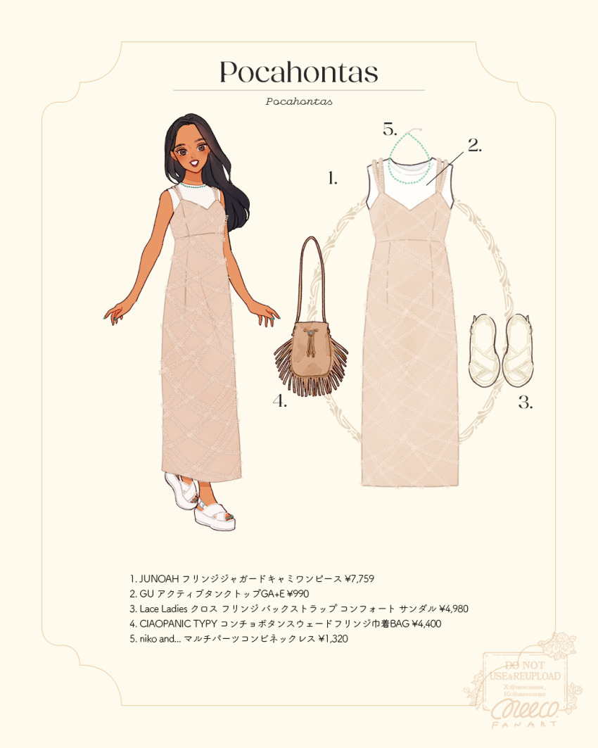 1girl alternate_costume bag black_hair brown_eyes contemporary dark-skinned_female dark_skin dress handbag highres jewelry long_hair looking_at_viewer meecosme native_american necklace pocahontas_(disney) pocahontas_(movie) smile solo tagme