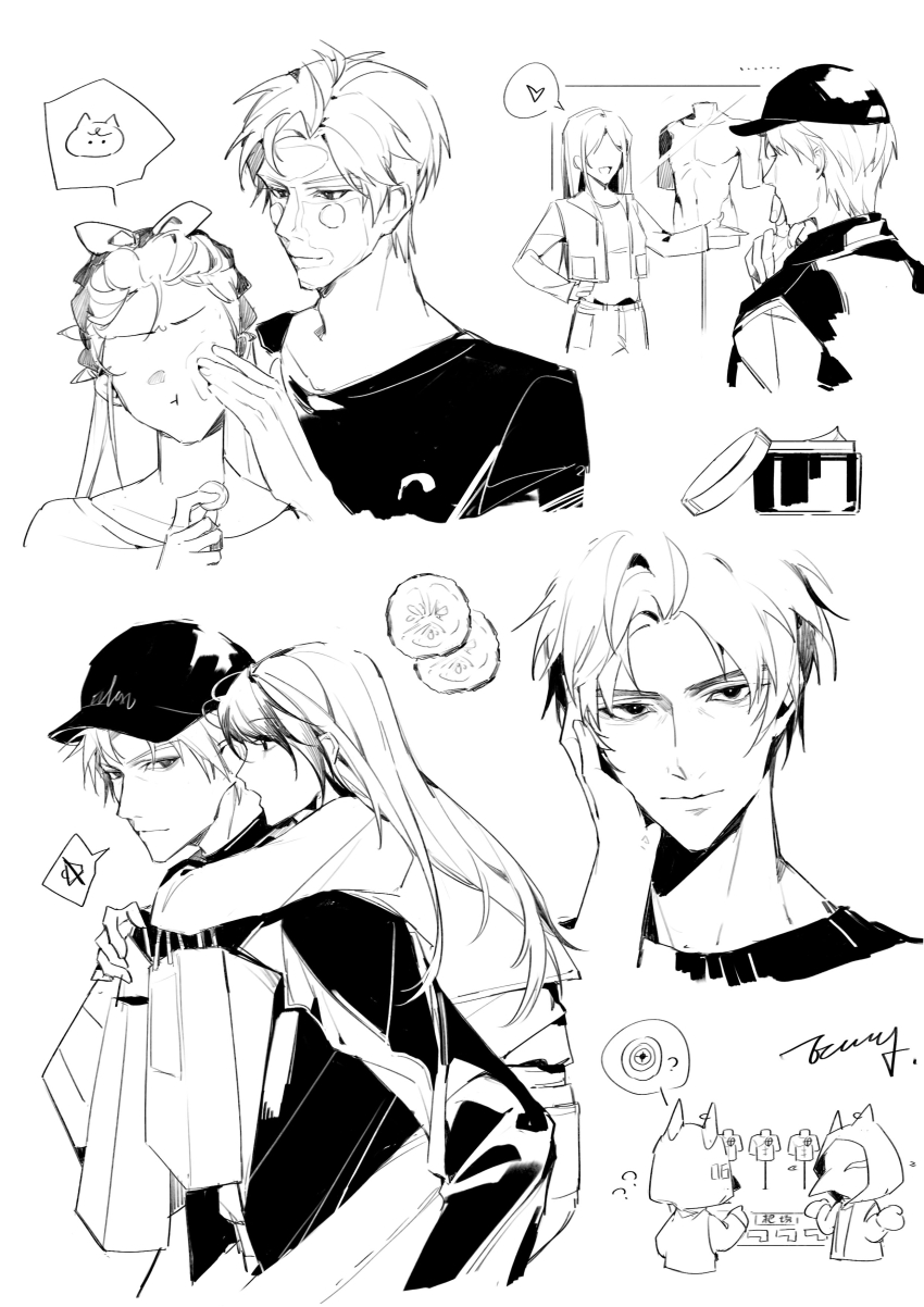 1girl 3boys absurdres annoyed bag baseball_cap beauty_mask bird_mask carrying closed_mouth couple cream cucumber cucumber_slice fingernails hand_on_own_hip hat heart highres holding jacket kieran_(love_and_deepspace) long_hair long_sleeves looking_at_another looking_at_viewer love_and_deepspace luke_(love_and_deepspace) mannequin mask monochrome multiple_boys multiple_views musheieazg open_mouth pants parted_bangs piggyback protagonist_(love_and_deepspace) shirt shopping_bag short_hair siblings speech_bubble sylus_(love_and_deepspace) twins upper_body