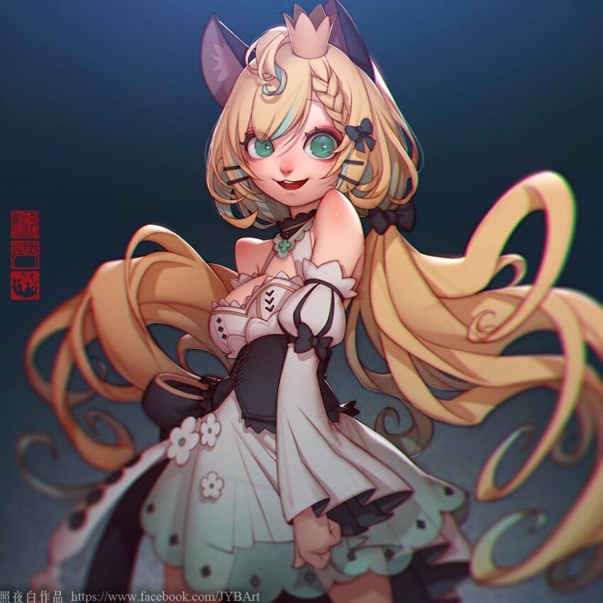 1girl ahoge animal_ears bare_shoulders black_corset blonde_hair braid breasts cat_ears corset crown detached_sleeves dress green_eyes long_hair long_sleeves looking_at_viewer low_twintails medium_breasts millie_parfait nijisanji nijisanji_en official_alternate_costume open_mouth smile solo twintails very_long_hair virtual_youtuber white_dress zhaoyebai