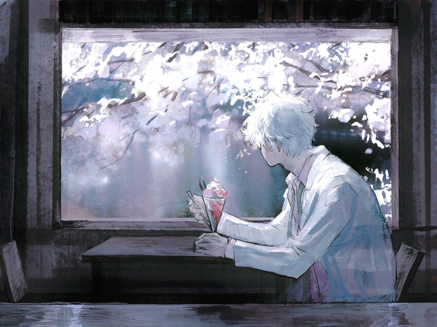 1boy alternate_universe chair cherry_blossoms coat curly_hair facing_away food gintama glasses herztierr highres holding holding_spoon jacket looking_outside male_focus muted_color official_alternate_costume open_clothes open_jacket parfait sakata_gintoki short_hair solo spoon strawberry_parfait sweets table teacher white_coat white_hair white_jacket window