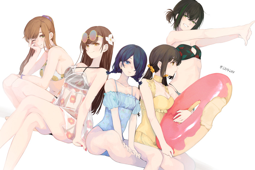 5girls 8root5 asymmetrical_hair black_hair blue_hair bracelet braid brown_hair crossed_legs donut earrings enogu flexing floral_print flower food glasses green_eyes green_hair hair_flower hair_ornament hair_over_one_eye highres hinata_nao_(iwamotochou_geinousha) innertube iwamotochou_geinousha jewelry kurihara_sakurako long_hair multicolored_hair multiple_girls nail_polish natsume_haru pineapple_print ponytail see-through_clothes shirafuji_tamaki sitting squatting sun suzuki_anzu swim_ring swimsuit twin_braids twintails virtual_youtuber wrist_cuffs yellow_eyes