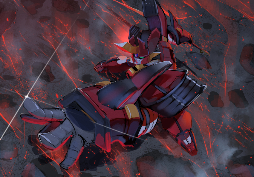 absurdres charging_forward commentary granzort highres holding holding_sword holding_weapon lava looking_ahead madou_king_granzort mecha mecha_focus no_humans okpriko robot science_fiction sparkle steam sword weapon