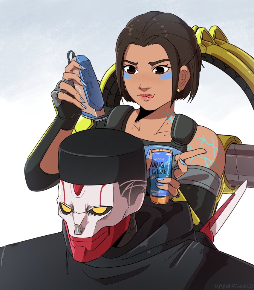 1boy 1girl apex_legends black_hair black_sclera bottle brown_eyes cable choso_giving_toudou_a_haircut_(meme) collarbone colored_sclera commentary conduit_(apex_legends) elbow_gloves english_commentary fade_(haircut) fingerless_gloves flattop freckles gloves grey_gloves hair_behind_ear highres holding holding_bottle humanoid_robot meme miyan_(oceanmaiden) revenant_(apex_legends) robot short_hair simulacrum_(titanfall) tongue tongue_out yellow_eyes