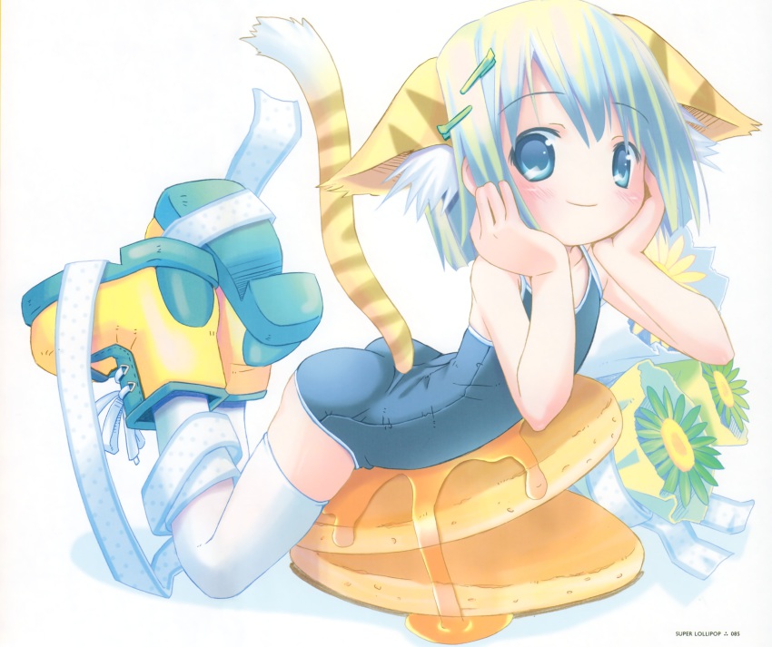 1girl animal_ears blue_eyes green_hair hair_ornament hairclip highres looking_at_viewer pop school_swimsuit socks swimsuit tail thighhighs