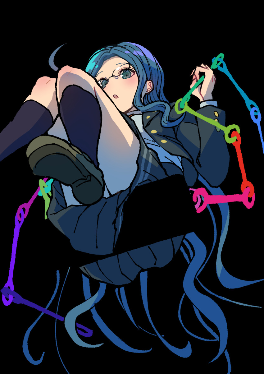 1girl :o black_background black_shoes black_skirt black_socks blue_eyes blue_hair danganronpa_(series) danganronpa_v3:_killing_harmony from_below glasses highres long_hair pleated_skirt shirogane_tsumugi shoes simple_background sitting skirt socks solo swing youko-shima