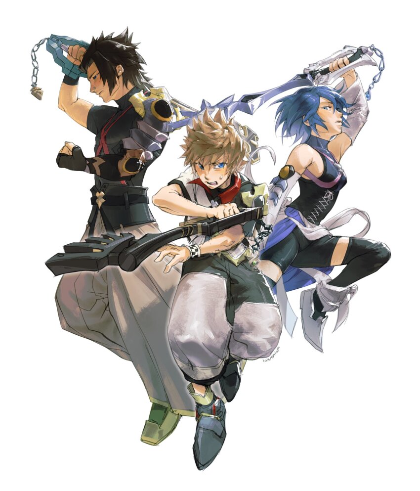 1girl 2boys absurdres aqua_(kingdom_hearts) blonde_hair blue_eyes blue_hair brown_hair chest_strap fingerless_gloves gloves highres holding holding_weapon keyblade kingdom_hearts kingdom_hearts_birth_by_sleep multiple_boys short_hair sleeveless spiked_hair terra_(kingdom_hearts) ventus_(kingdom_hearts) weapon white_background yagumozone
