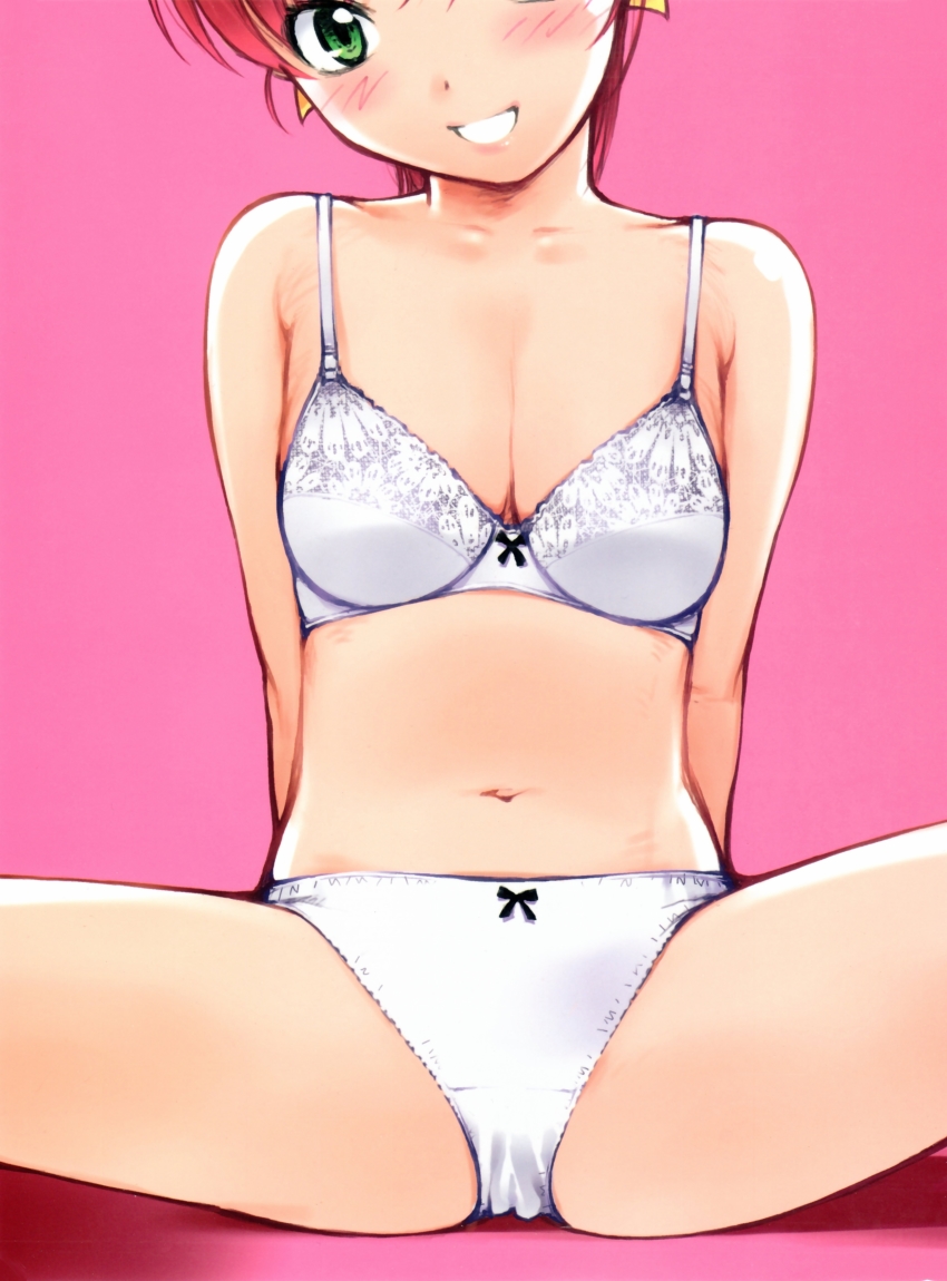 1girl absurdres arms_behind_back bow bow_bra bow_panties bra breasts female_focus green_eyes grin hayase_mina highres kiriyama_taichi looking_at_viewer navel panties pink_background pink_hair sexfriend simple_background small_breasts smile solo spread_legs underwear underwear_only white_bra white_panties