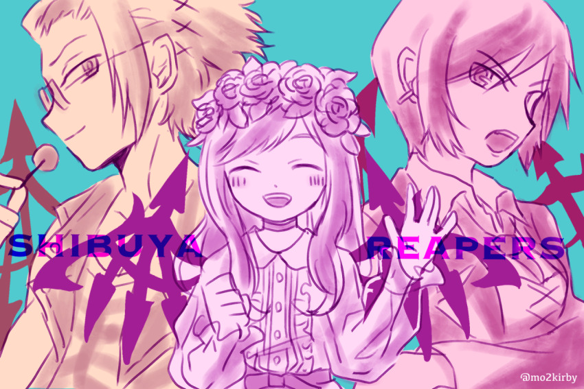 1girl 2girls atarashi_coco black_wings blush closed_eyes closed_mouth crossed_arms dress ear_piercing flower_wreath glasses kariya_koki long_dress long_hair multiple_girls open_mouth piercing rectangular_eyewear see-through_clothes see-through_sleeves shin_subarashiki_kono_sekai short_hair smile spiked_wings subarashiki_kono_sekai waving wings yashiro_uzuki