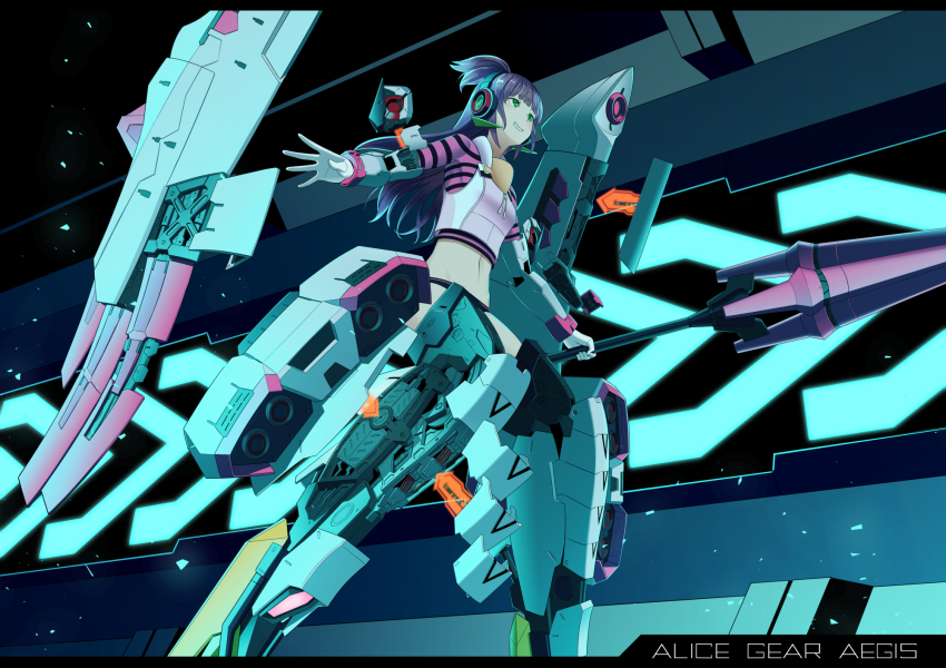 1girl alice_gear_aegis bad_id bad_pixiv_id blunt_bangs breasts commentary_request copyright_name crop_top female_focus floating floating_object from_below fujimo_ruru fujino_yayoi full_body gloves green_eyes grin groin headphones highres holding holding_polearm holding_spear holding_weapon letterboxed light_particles long_hair looking_to_the_side machinery mecha_musume mechanical_legs midriff navel one_side_up polearm purple_hair shirt short_shorts shorts sidelocks small_breasts smile solo spear striped_clothes striped_shirt tagme weapon white_gloves