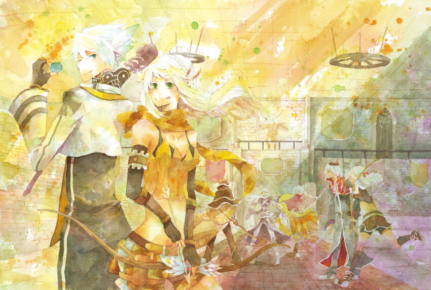 2girls 5boys :p arch_bishop_(ragnarok_online) armor arrow_(projectile) assassin_(ragnarok_online) bandages_over_clothes belt bird black_bra black_coat black_gloves black_shorts blush bow_(weapon) bra bra_strap breasts brown_belt brown_cape brown_capelet brown_gloves brown_horns brown_pants brown_shorts brown_skirt camouflage_scarf cape capelet chandelier closed_mouth coat commentary_request copyright_notice cropped_jacket elbow_gloves fingerless_gloves full_body gloves green_eyes hair_between_eyes head_wings holding holding_bow_(weapon) holding_staff holding_weapon horns hunter_(ragnarok_online) indoors jacket logo long_bangs long_hair long_sleeves looking_at_viewer lord_knight_(ragnarok_online) mage_(ragnarok_online) medium_breasts miniskirt multicolored_coat multiple_boys multiple_girls navel open_mouth painting_(medium) pants pauldrons peco_peco priest_(ragnarok_online) purple_shirt rabbit_earmuffs ragnarok_online ranger_(ragnarok_online) red_cape red_coat riding riding_bird running sansaro scarf shirt short_hair short_shorts shorts shorts_under_skirt shoulder_armor skirt smile staff tongue tongue_out traditional_media two-tone_coat underwear upper_body watercolor_(medium) weapon white_hair white_jacket wings yellow_scarf