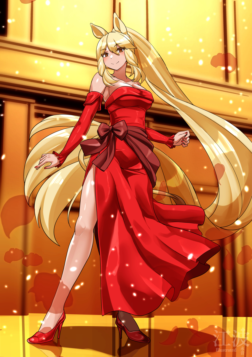1girl absurdres alternate_costume animal_ears bare_shoulders blonde_hair blush detached_sleeves dress frilled_sleeves frills full_body hair_between_eyes high_heels highres kawanami_eito kemono_friends long_hair looking_at_viewer orange_eyes ponytail red_dress red_footwear rhinoceros_ears rhinoceros_girl rhinoceros_tail sidelocks smile solo white_rhinoceros_(kemono_friends)