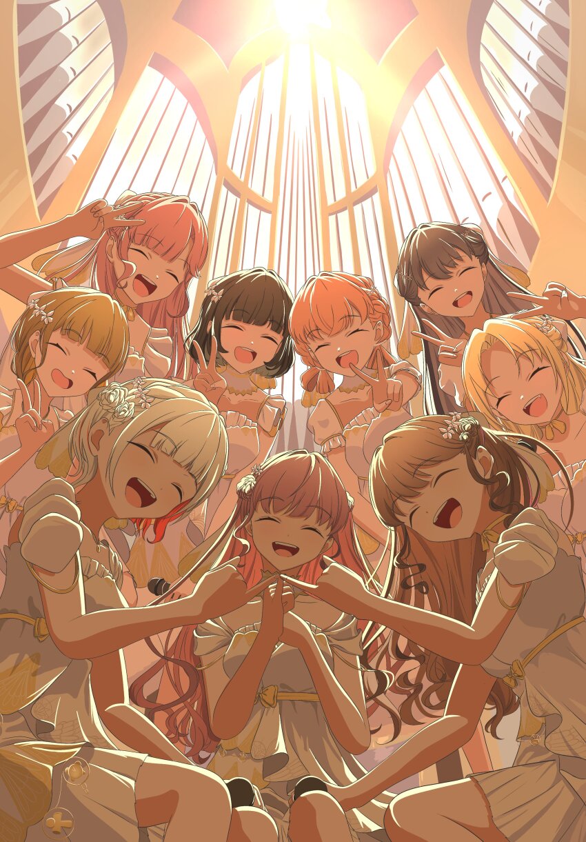 6+girls :d ^_^ absurdres anyoji_hime backlighting bare_shoulders black_hair blonde_hair blunt_bangs bob_cut breasts brown_hair center-flap_bangs closed_eyes collarbone colored_inner_hair commentary_request dress facing_viewer flower flower-shaped_hair frilled_dress frills from_below fujishima_megumi hair_flower hair_intakes hair_ornament hair_rings highres hinoshita_kaho holding holding_microphone itsudemo_itsumademo_(love_live!) kachimachi_kosuzu layered_dress link!_like!_love_live! long_hair love_live! low-tied_hair_ring medium_breasts microphone momose_ginko morio_(mmorio_mu) multicolored_hair multiple_girls murano_sayaka off-shoulder_dress off_shoulder official_alternate_costume open_mouth orange_hair osawa_rurino otomune_kozue pink_flower pink_hair pinky_out pinky_swear purple_hair red_hair smile streaked_hair teeth upper_teeth_only v virtual_youtuber white_dress white_hair yugiri_tsuzuri