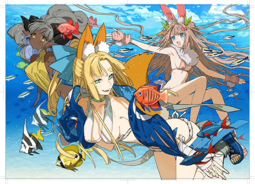 3girls character_request denim multiple_girls navel rabbit_ears rabbit_tail tagme tail translation_request wada_arco
