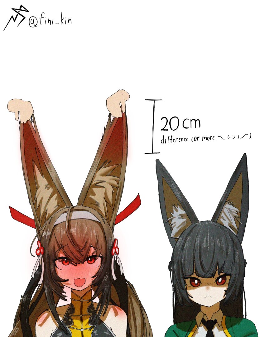 2girls absurdres animal_ear_fluff animal_ears bare_shoulders black_hair black_necktie blush brown_hair china_dress chinese_clothes closed_mouth clover clover_hair_ornament comically_large_ears commentary comparison dress ear_blush english_commentary english_text fini_kin fox_ears fox_girl grabbing_another&#039;s_ear green_jacket hair_between_eyes hair_ornament hairband hand_on_another&#039;s_ear highres hoshimi_miyabi jacket long_hair looking_at_viewer looking_up multiple_girls necktie open_mouth red_eyes shirt staring twintails twitter_username upper_body very_long_hair white_background white_hairband white_shirt ye_shunguang zenless_zone_zero