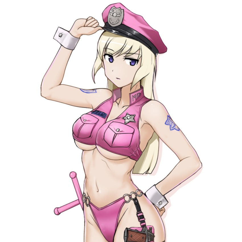 1girl adapted_uniform aegis_(theoryiv) bare_shoulders baton bikini bikini_bottom_only blonde_hair breasts collarbone crop_top crossdraw_holster female_focus gun hand_on_own_hip handgun hat holster large_breasts long_hair marian_e._carl navel noble_witches o-ring o-ring_bottom pink_bikini pistol police_badge police_hat purple_eyes revision solo strike_witches swimsuit tattoo underboob weapon world_witches_series wrist_cuffs