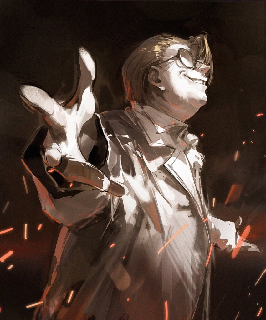 1boy blonde_hair dino_(dinoartforame) embers fat fat_man glasses gloves grin hellsing highres jacket lapels looking_up major_(hellsing) male_focus necktie notched_lapels opaque_glasses outstretched_arms short_hair smile solo white_jacket
