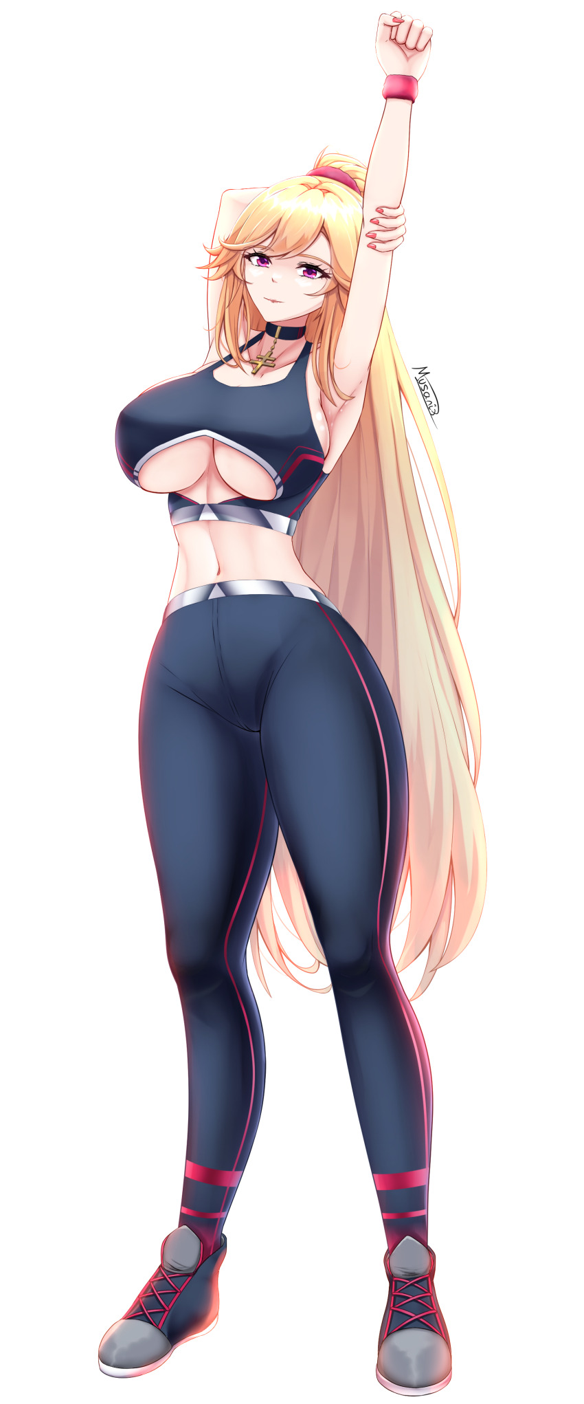 1girl absurdres armpits azur_lane blonde_hair blue_sports_bra breasts cleavage cross highres large_breasts leggings long_hair musanix nail_polish pink_eyes richelieu_(azur_lane) shoes signature smile solo sports_bra sportswear stretching thighs white_background