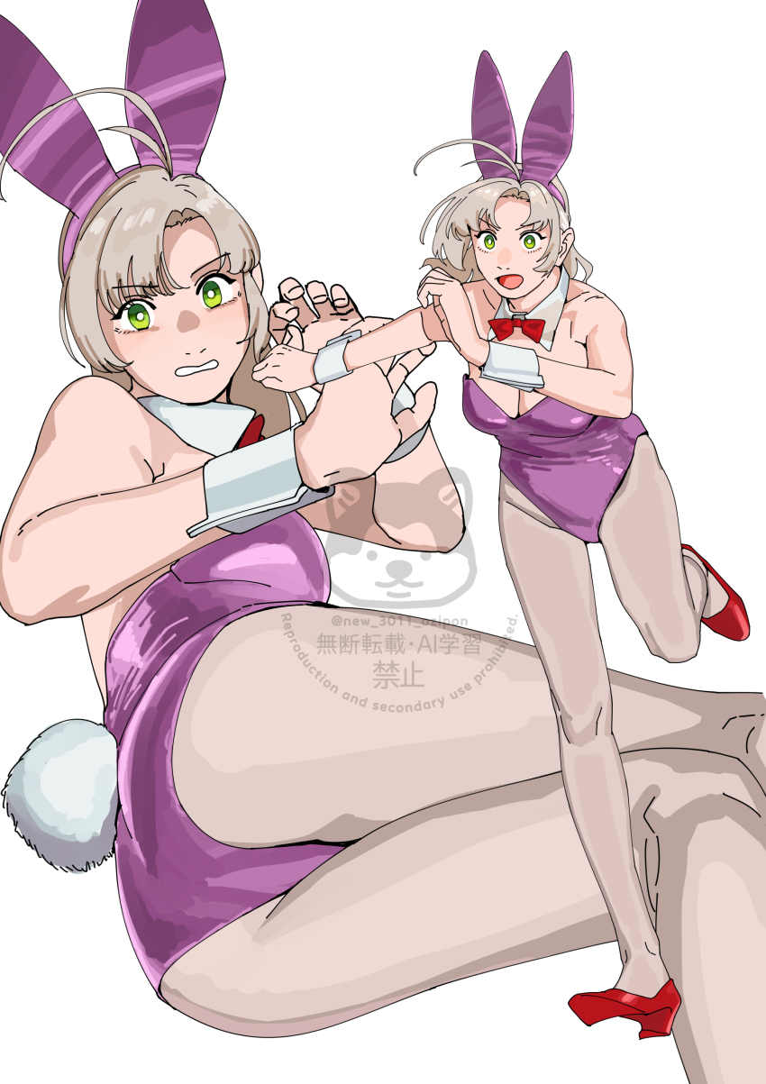 1girl absurdres animal_ear_hairband animal_ears antenna_hair bow bowtie breasts detached_collar fake_animal_ears green_eyes grey_hair grey_pantyhose hairband highres kantai_collection kinugasa_(kancolle) kinugasa_kai_ni_(kancolle) leotard long_hair lying medium_breasts multiple_views ojipon on_side pantyhose playboy_bunny purple_leotard rabbit_ears rabbit_tail red_bow red_bowtie red_shoes running shoes simple_background strap_slip strapless strapless_leotard tail watermark white_background wrist_cuffs