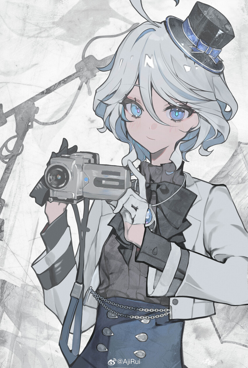 1girl absurdres ahoge ajirui alternate_costume asymmetrical_gloves black_bow black_bowtie black_gloves black_hat black_shirt blue_eyes blue_hair bow bowtie camera chinese_commentary closed_mouth commentary_request drop-shaped_pupils furina_(genshin_impact) furina_(live_actually)_(genshin_impact) genshin_impact gloves grey_background grey_hair hair_between_eyes half_gloves hat highres holding holding_camera jacket long_sleeves looking_at_viewer mismatched_gloves multicolored_hair open_clothes open_jacket shirt short_hair solo streaked_hair symbol-shaped_pupils video_camera watermark weibo_watermark white_gloves white_jacket