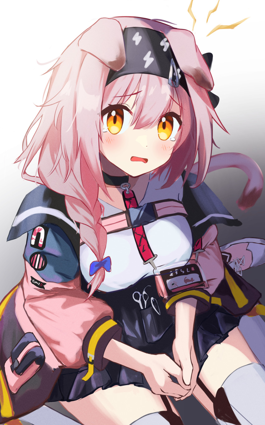 1girl absurdres animal_ears arknights black_headband black_skirt blush braid breasts cat_ears cat_girl cat_tail commentary foot_out_of_frame frown goldenglow_(arknights) hands_on_lap headband highres id_card jacket lightning lightning_bolt_print looking_at_viewer medium_breasts medium_hair messy_hair nekomatamago object_in_pocket open_clothes open_jacket open_mouth own_hands_together pink_hair pink_jacket pink_shoes pocket scissors scottish_fold shirt shoes side_braid skirt sneakers solo tail tearing_up thighhighs white_shirt white_thighhighs yellow_eyes