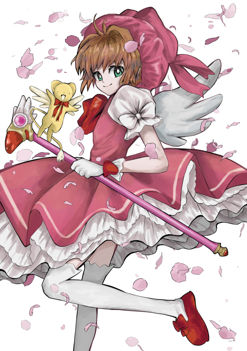 1girl absurdres bow brown_hair cardcaptor_sakura clamp_(circle)_(style) dress feathered_wings gloves green_eyes highres kero_(cardcaptor_sakura) kinomoto_sakura kinomoto_sakura_(magician) looking_at_viewer magical_girl medium_hair pink_dress pink_shoes red_bow red_ribbon ribbon ruibluesky shoes simple_background smile thighhighs white_gloves white_thighhighs wings