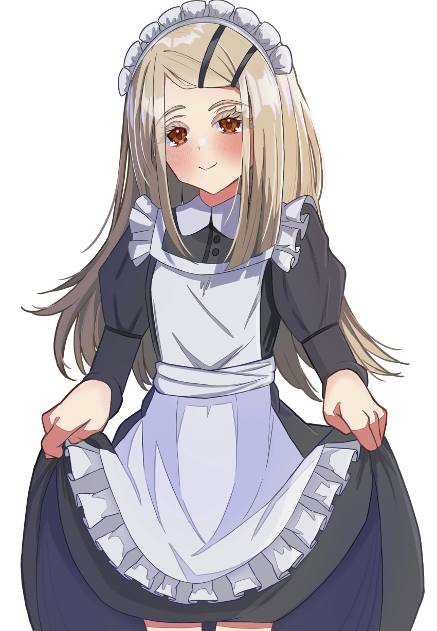 1girl absurdres alternate_costume apron black_dress blush colored_eyelashes curtsey dress enmaided gakuen_idolmaster highres idolmaster kaera_(cpvs8228) light_brown_hair long_hair looking_at_viewer maid maid_apron maid_headdress orange_eyes shinosawa_hiro simple_background smile solo very_long_hair white_apron white_background