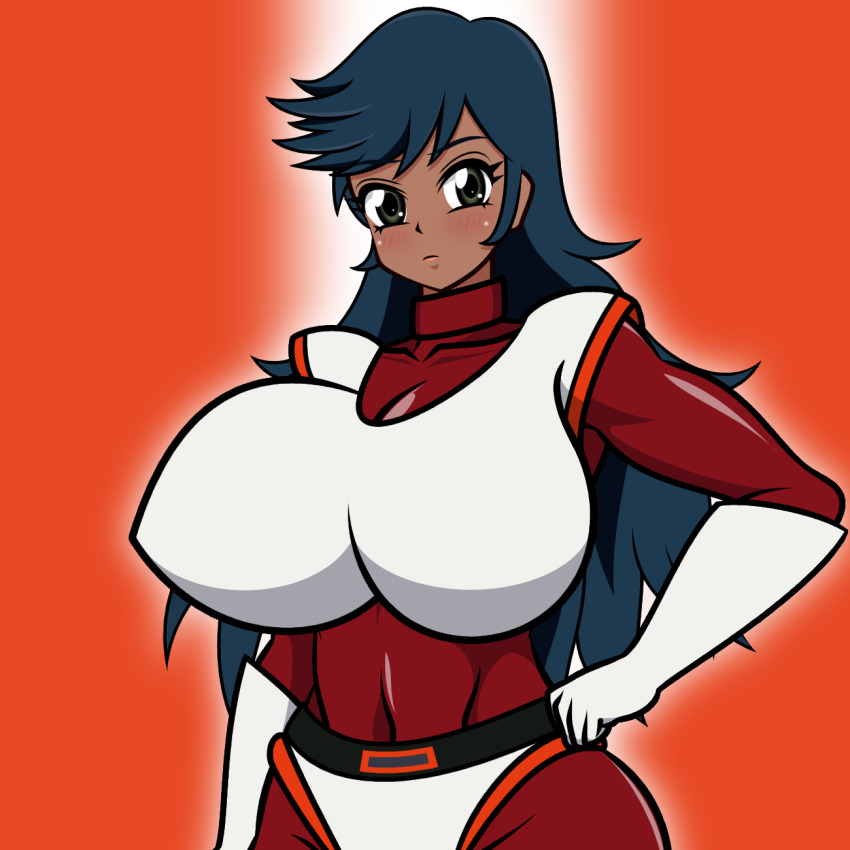 1girl black_hair bodysuit breasts dark_skin great_mazinger highres honoo_jun huge_breasts long_hair mazinger_(series) solo_focus